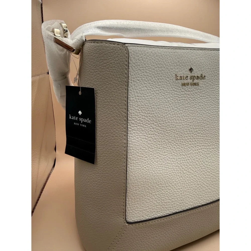Kate Spade Lena Bucket Bag Colorblock Pebbled Leather Light Sand KH441 New